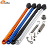 Set of black, blue, and orange motorcycle side stand kits with ABS feet and various mounting hardware