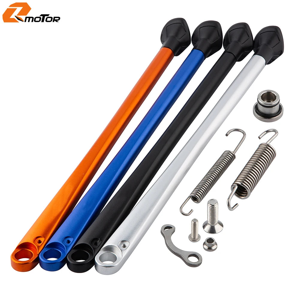 Set of black, blue, and orange motorcycle side stand kits with ABS feet and various mounting hardware