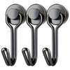 Three heavy duty magnetic hooks with curved arms for hanging items on metal surfaces