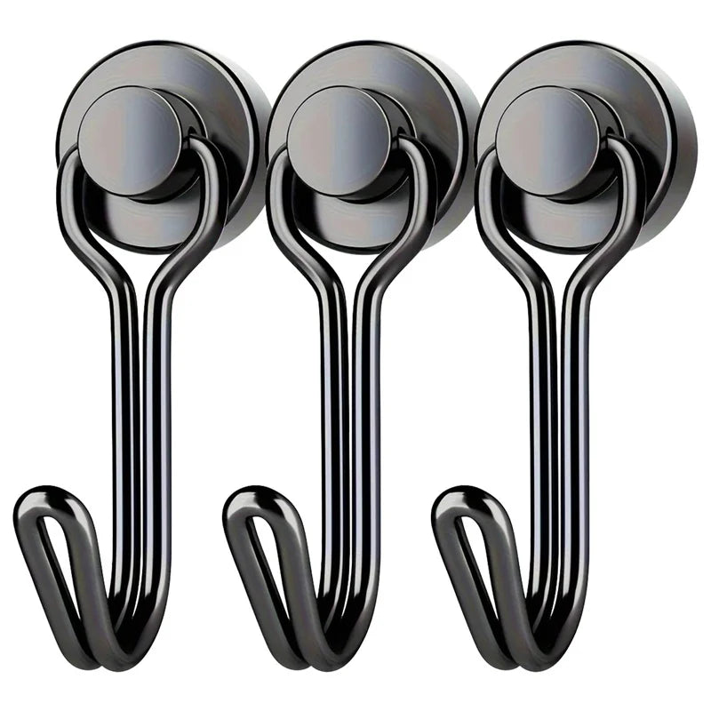 Three heavy duty magnetic hooks with curved arms for hanging items on metal surfaces