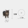 A gray tabby cat figurine is shown with dimensions and a 360-degree view for the spinning acrylic cat dashboard ornament.