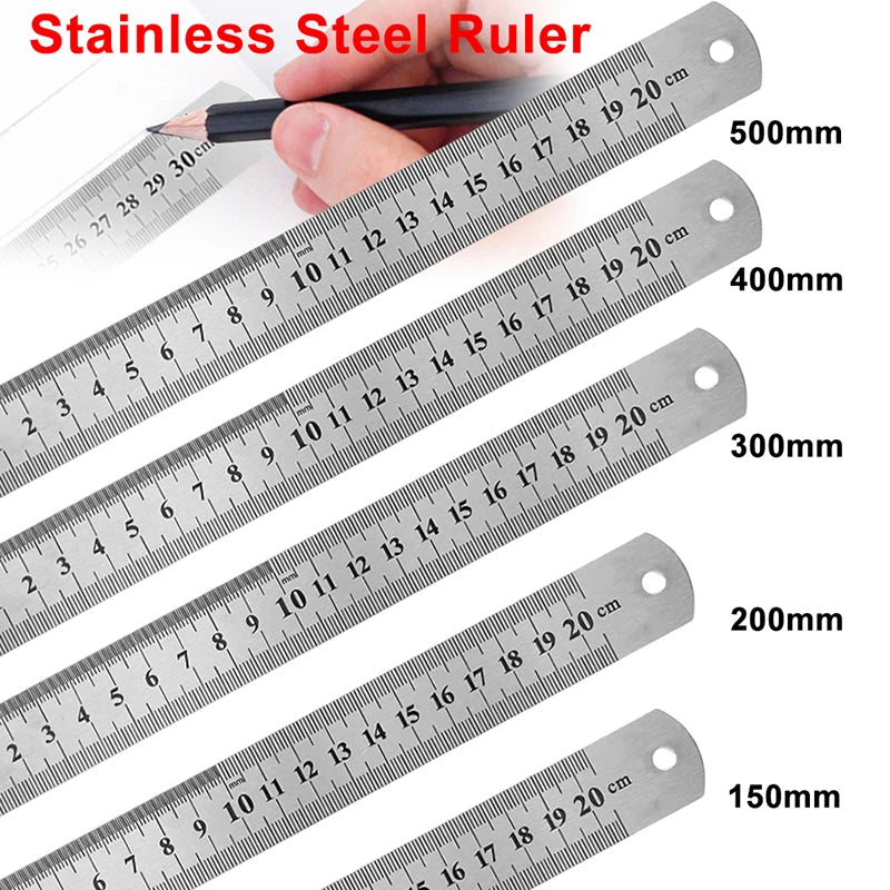 A hand is holding a stainless steel ruler showing various measurements from 150mm to 500mm.