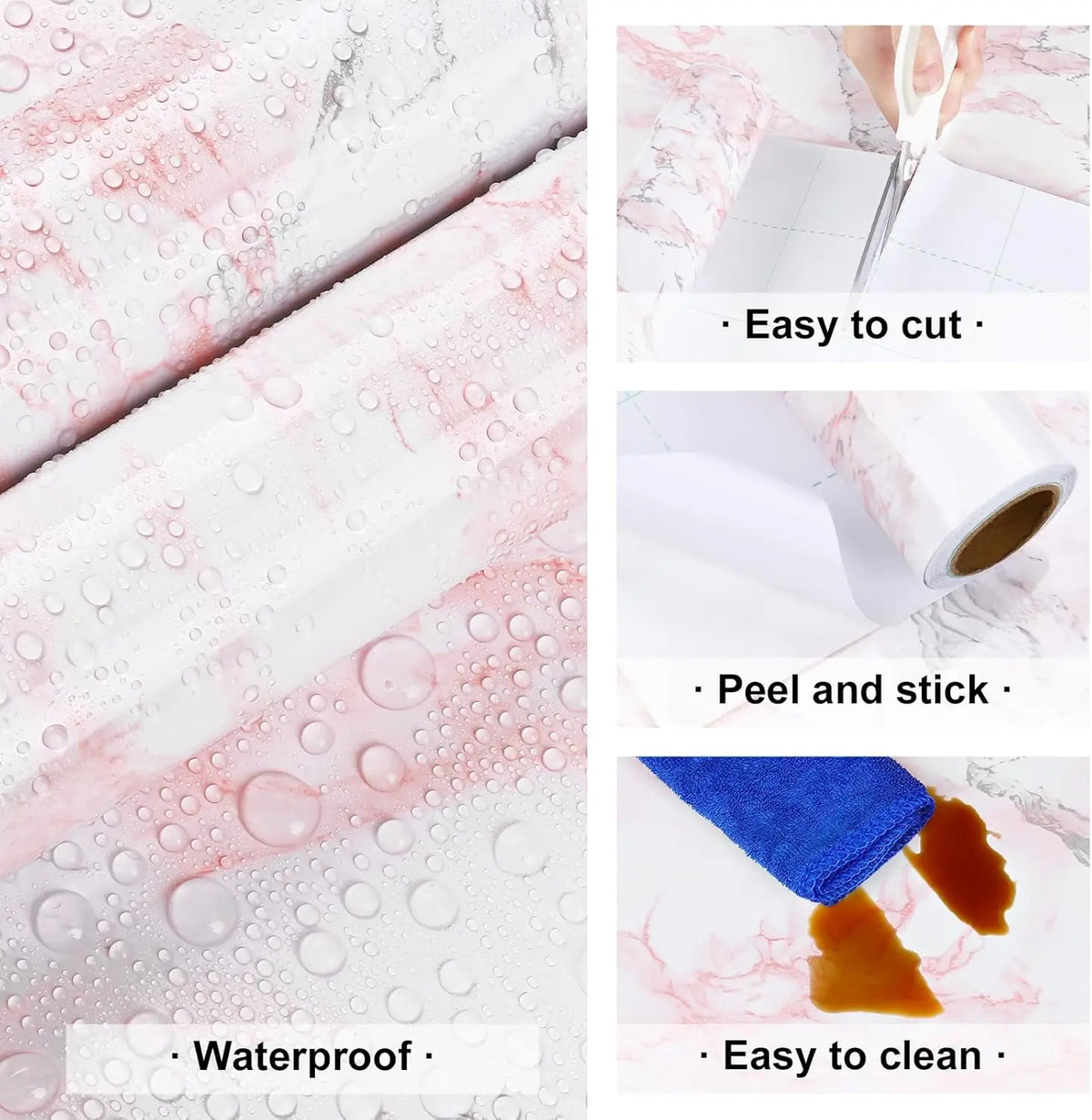 Roll of pearlescent pink marble peel and stick wallpaper showing its waterproof and easy-to-cut features.