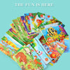 A pile of colorful wooden animal jigsaw puzzles for kids with various animals and nature scenes.