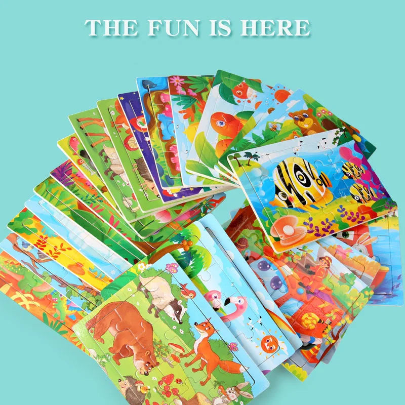 A pile of colorful wooden animal jigsaw puzzles for kids with various animals and nature scenes.