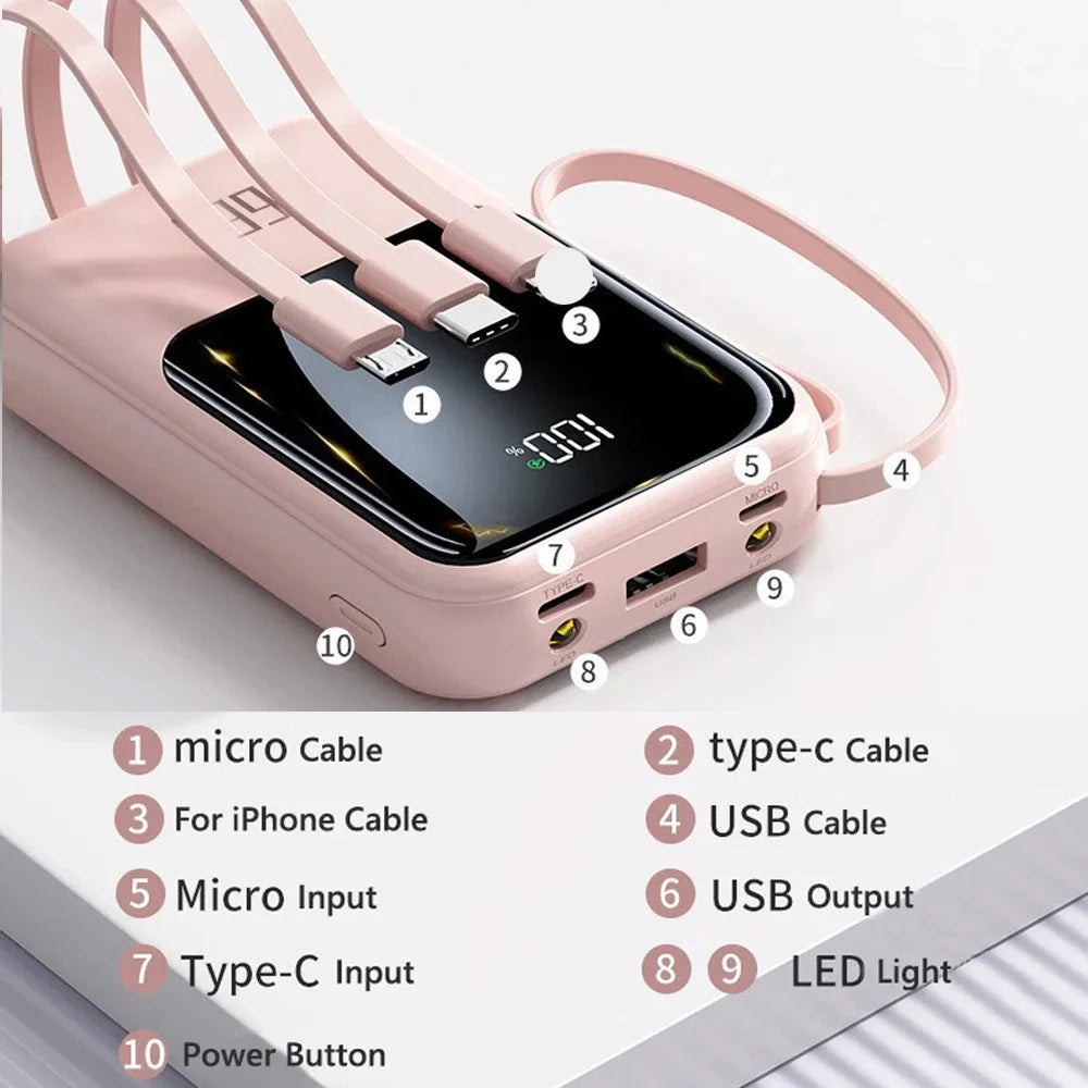 A pink portable power bank with multiple cables and ports is shown on a white surface.