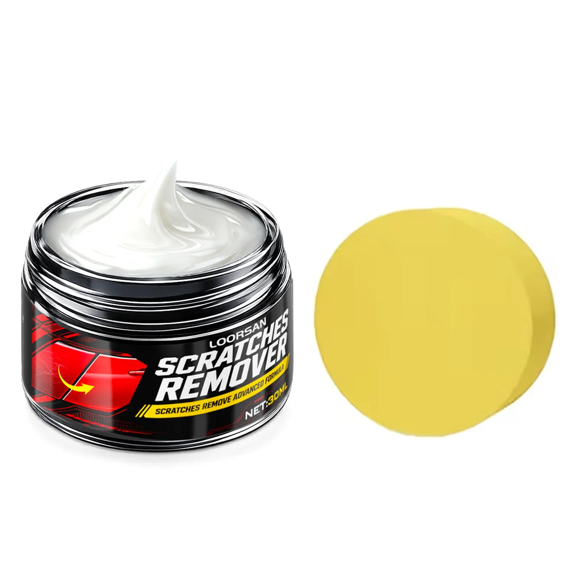 Jar of Loorsan Scratches Remover wax with a yellow lid