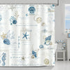 A white shower curtain featuring a blue and gold nautical design with starfish, shells, and sea motifs.