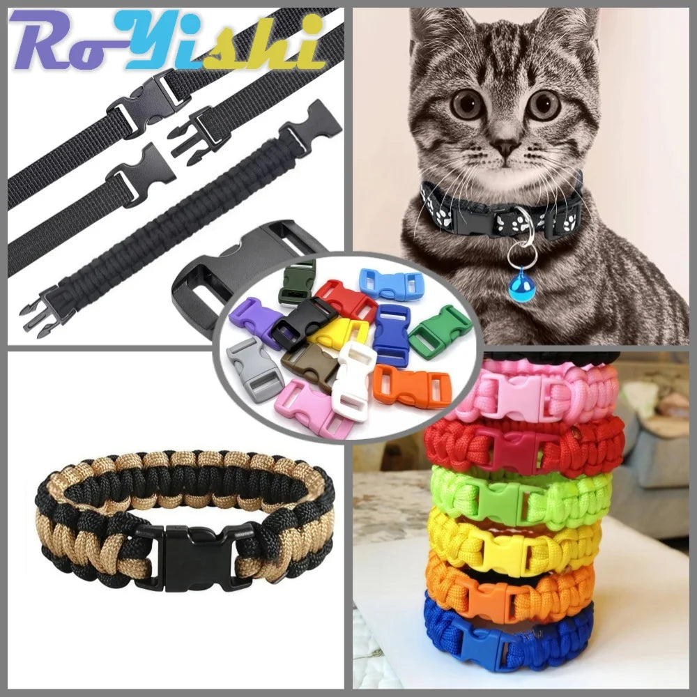 Various plastic side-release buckles and black leather straps for paracord bracelet projects