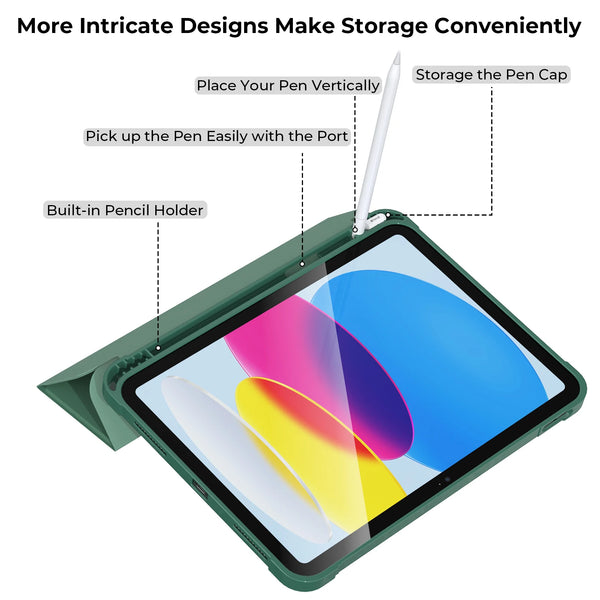A green slim PU leather smart case for an iPad, showing features like a vertical pen holder and pencil grip.