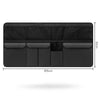 Black foldable car trunk organizer with seat back storage featuring multiple compartments.
