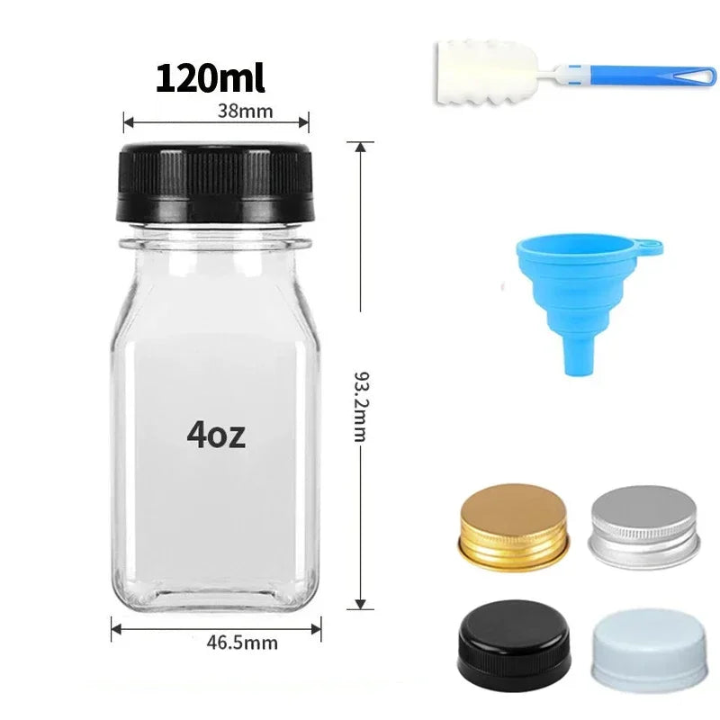 A clear glass juice bottle with a black cap and a measuring spoon, alongside various plastic containers and caps.