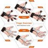 A set of adjustable finger exercisers with wrist straps shown in various resistance levels.