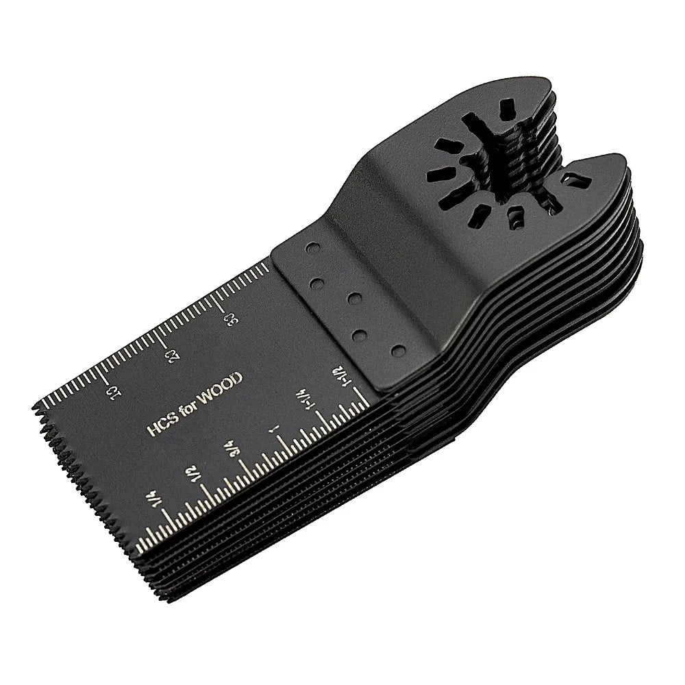 A black universal oscillating multi-tool blade set with a scale marked from 0 to 3 inches.