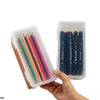 Clear storage box containing several black pencils and pens.