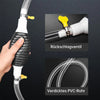 A hand is holding a white siphon pump kit with a black hose and a yellow flow control valve, shown alongside components.
