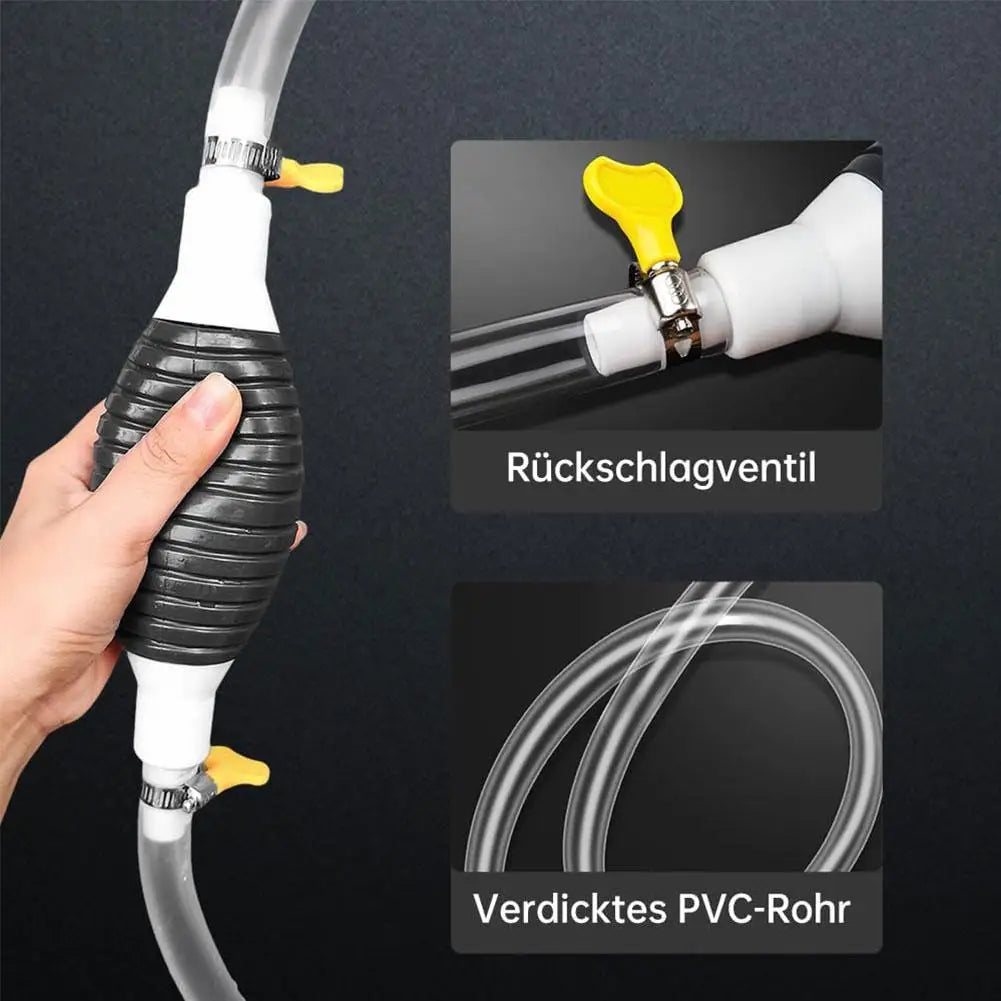 A hand is holding a white siphon pump kit with a black hose and a yellow flow control valve, shown alongside components.