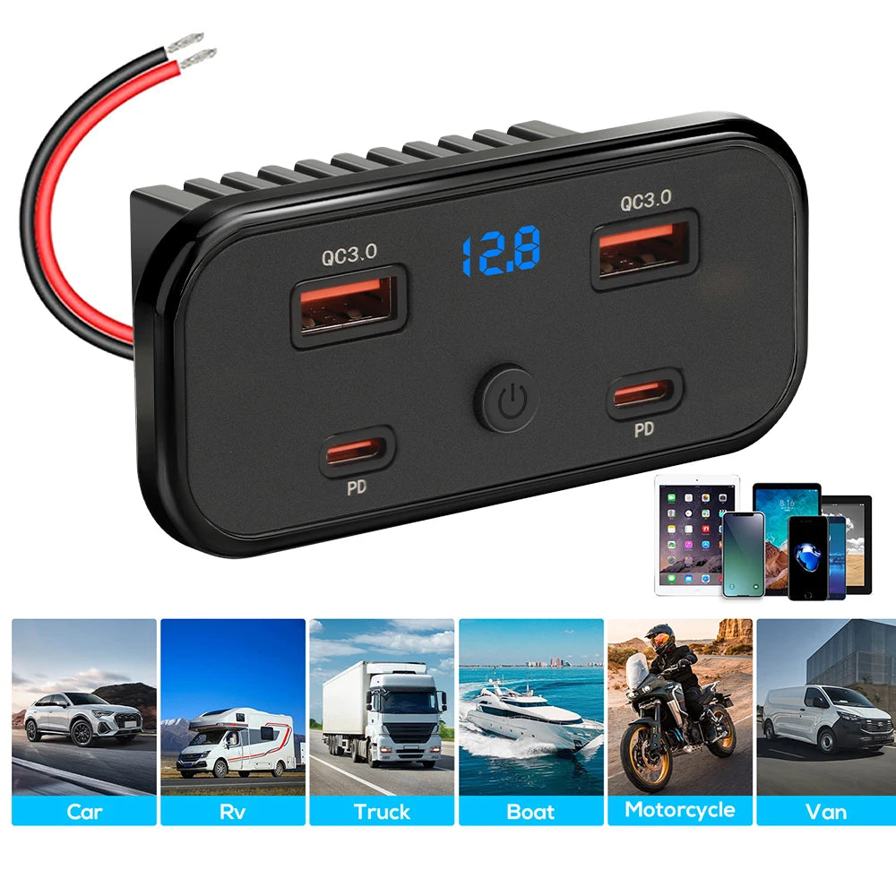 Black 4-port USB power outlet with PD and QC 3.0 fast charging features shown alongside various vehicle types.