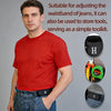 A man wearing a red shirt and jeans demonstrates an adjustable hook belt for storing tools.
