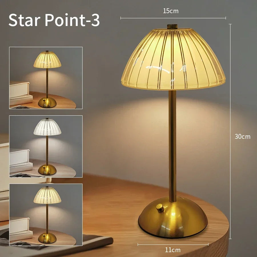 A tall, gold-toned table lamp with a conical shade and a brass base, shown in various views.