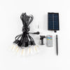 A set of solar string lights with multiple bulbs, a solar panel, and a remote control are displayed on a white background.