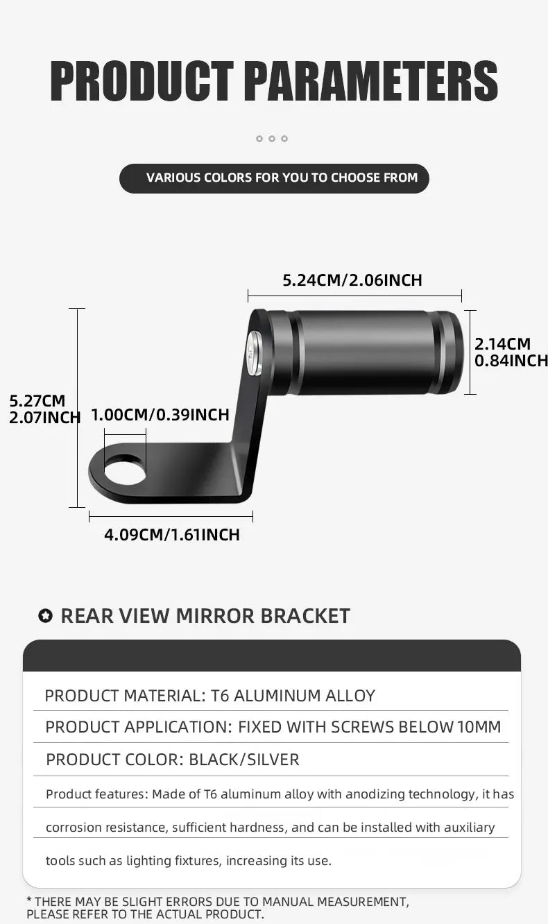 Diagram showing the dimensions and features of a rear view mirror bracket made of T6 aluminum alloy