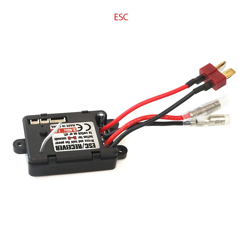 ESC receiver kit for a high-speed 1/16 4WD RC car, featuring a red connector and battery terminals.