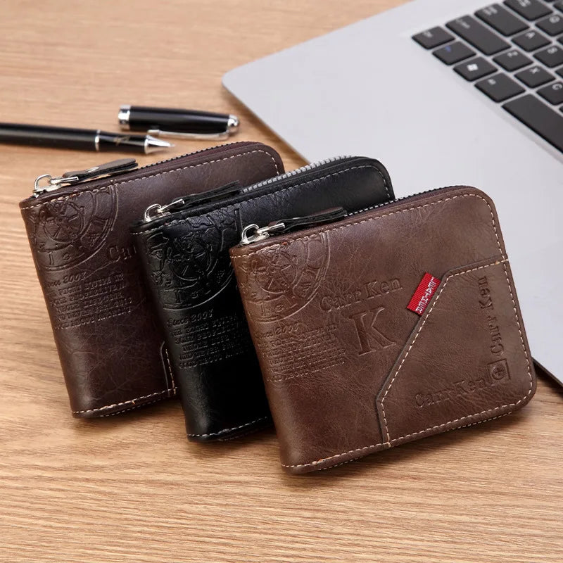 Men's Waxed Leather Bifold Wallet with All-Around Zipper