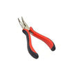 A pair of red and black pliers used for complete hair extension installation, including a needle tool and silicone-lined micr
