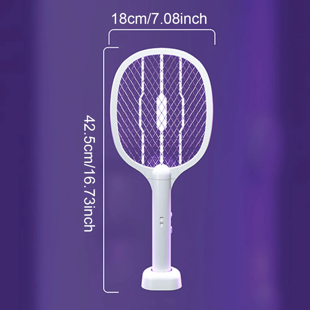A white rechargeable electric fly swatter and mosquito trap lamp with a purple mesh screen.