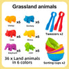 A set of 36 land animals in 6 colors including sheep, donkey, cow, rhino, elephant, and lion for sorting.