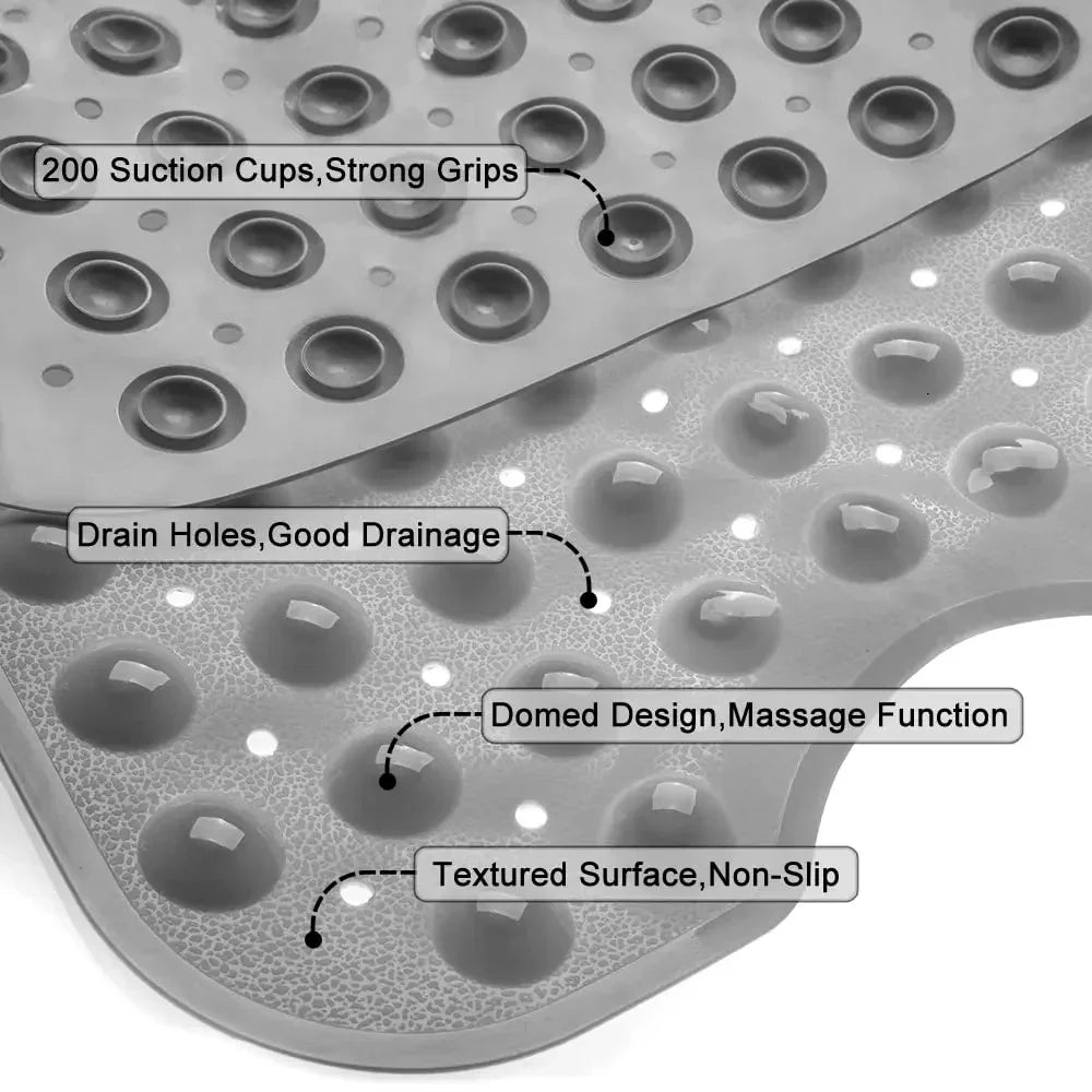 A close-up view of a gray bathtub mat featuring suction cups, drain holes, a domed design for massage, and a textured surface