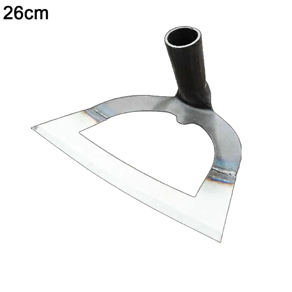 A silver, V-shaped hand tool with a black tube attached, used for weeding.