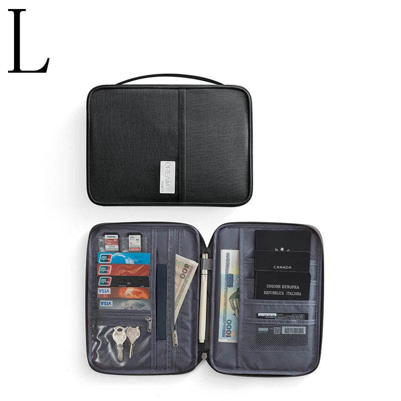Black waterproof family passport and document organizer wallet shown in a closed and open view