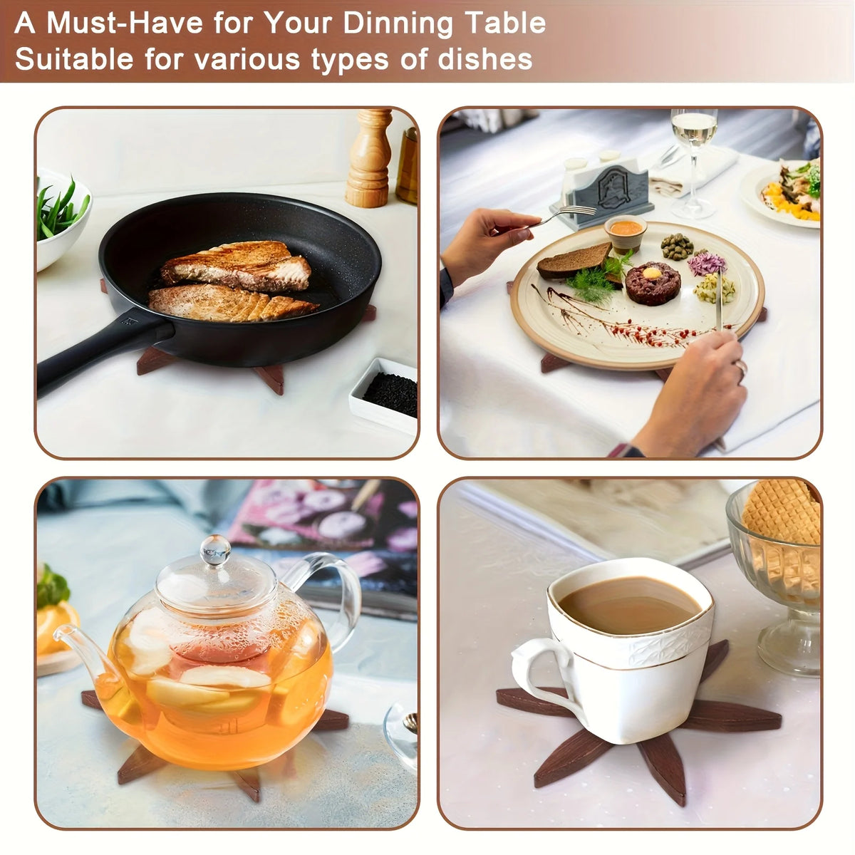 A set of wooden coasters and folding placemats used for various dishes on a dining table.