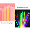 Comparison of glow sticks before and after emitting light, showing various bright colors.