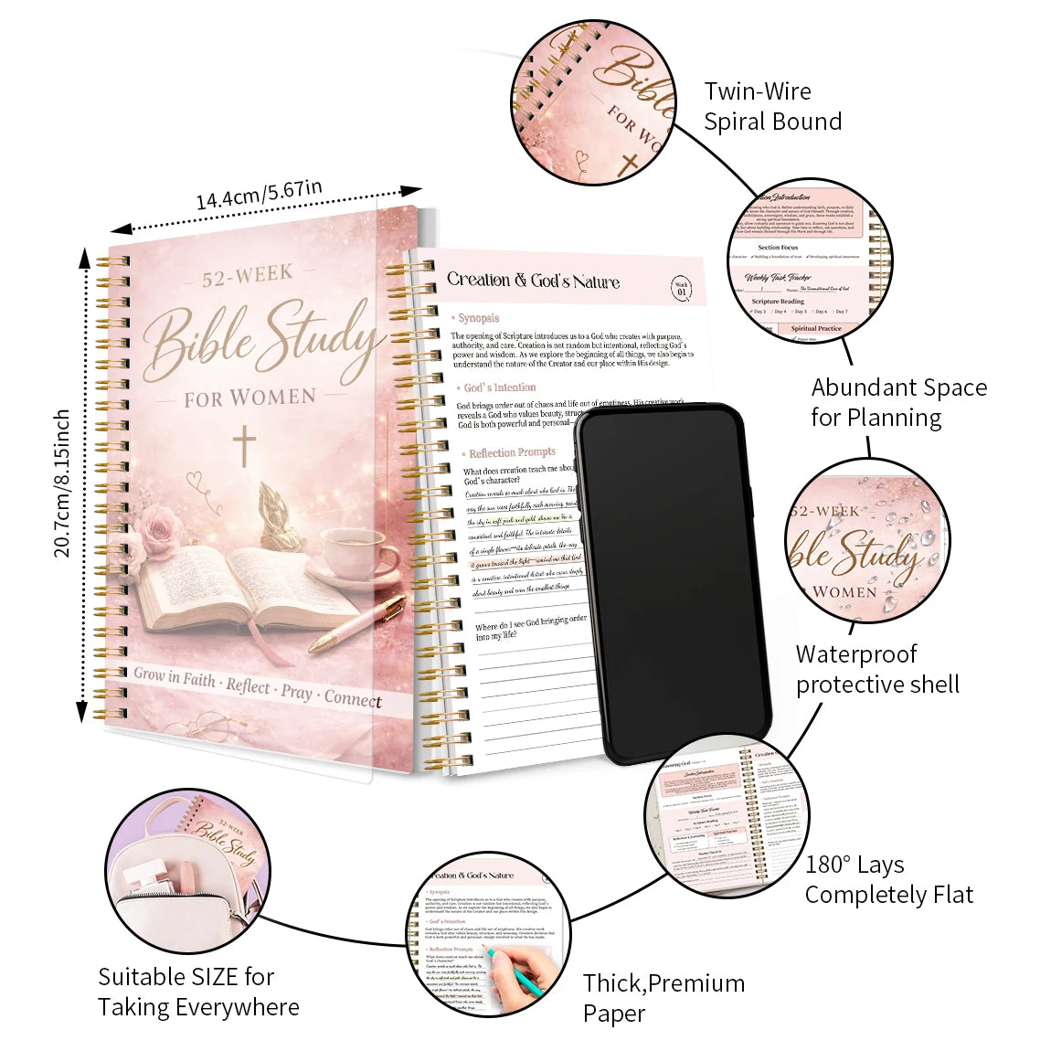 52 Week Bible Study Journal for Women – Guided Faith Planner with Spiral Binding