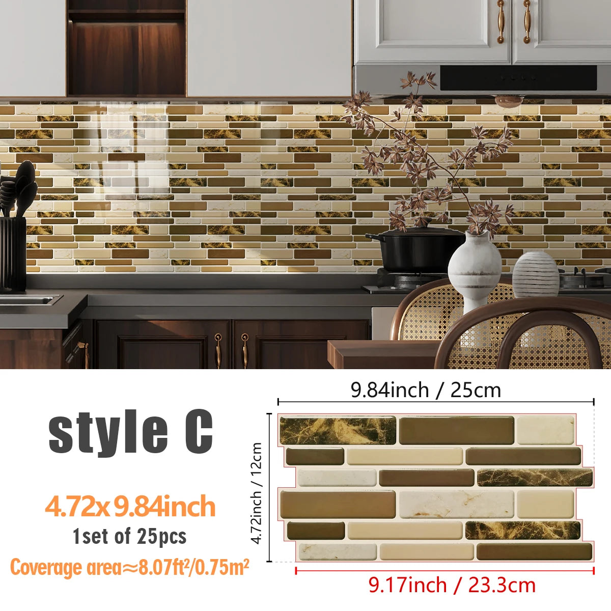 A set of self-adhesive marble texture PVC wall and kitchen tiles in various natural stone colors mounted on a backsplash.