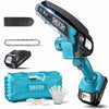 A cordless mini chainsaw tool with a battery, blade, and protective gloves shown in various components.