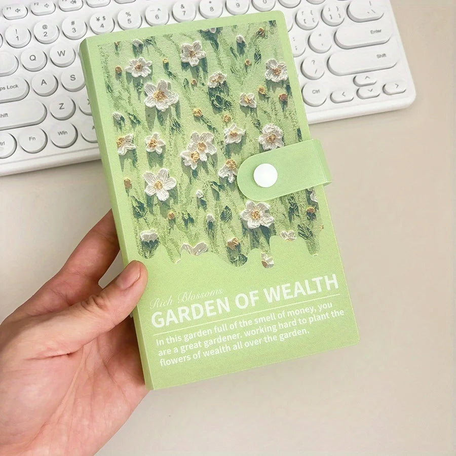 A hand holds a light green planner with a floral print, titled Garden of Wealth, next to a white keyboard.