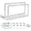 A set of two crystal rhinestone license plate frames with screw caps and various rhinestone components.