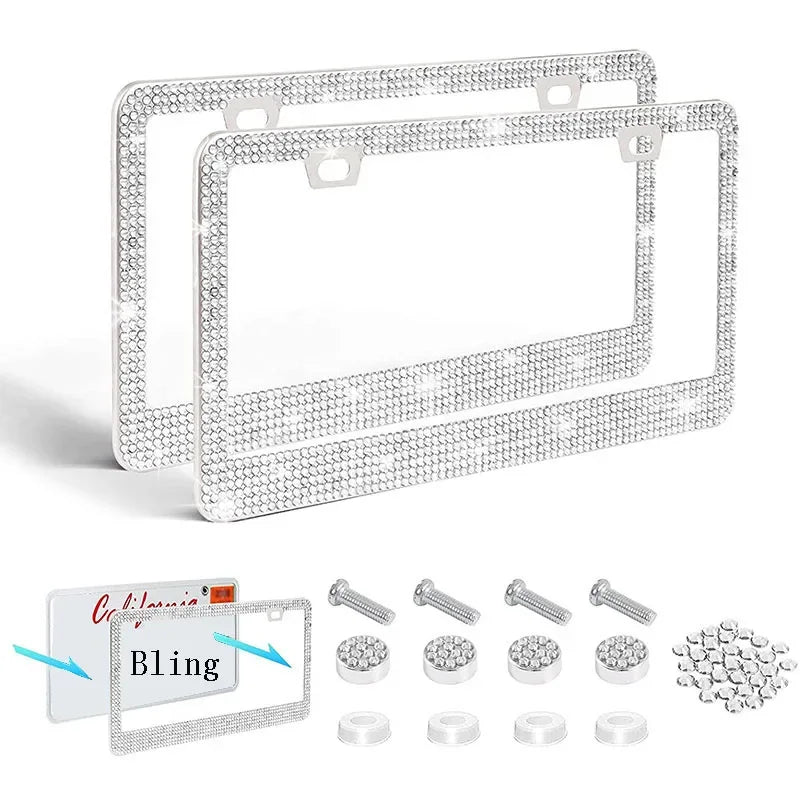 A set of two crystal rhinestone license plate frames with screw caps and various rhinestone components.