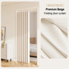 Premium beige folding door curtain shown in a white frame, featuring vertical pleats and a textured fabric.