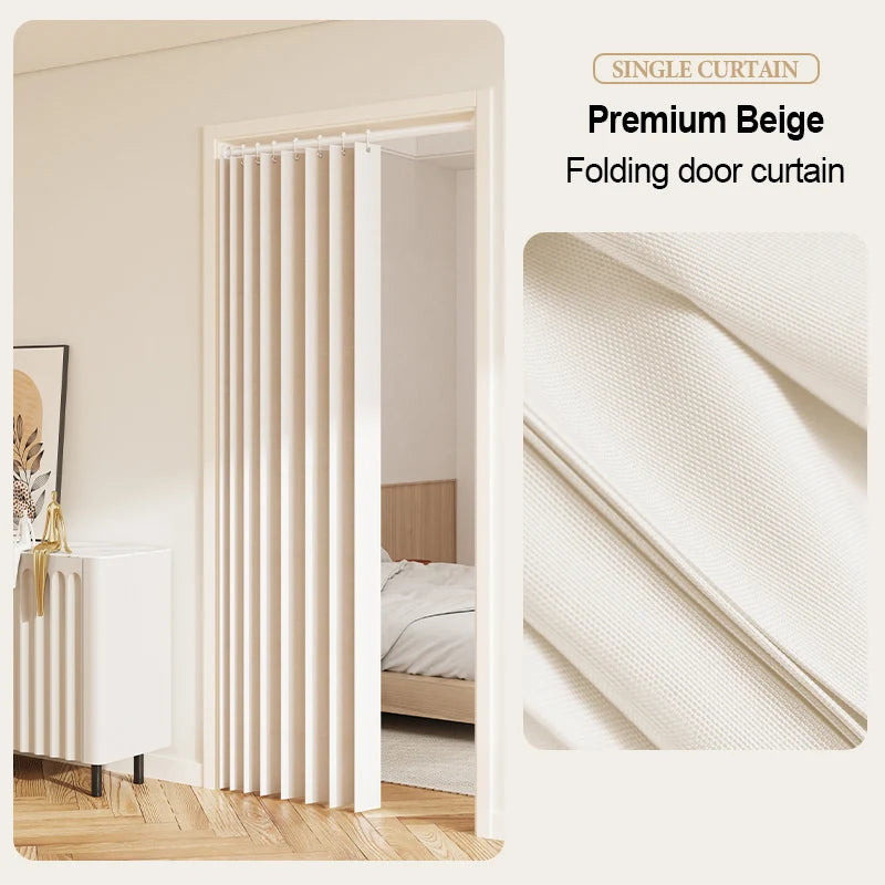Premium beige folding door curtain shown in a white frame, featuring vertical pleats and a textured fabric.