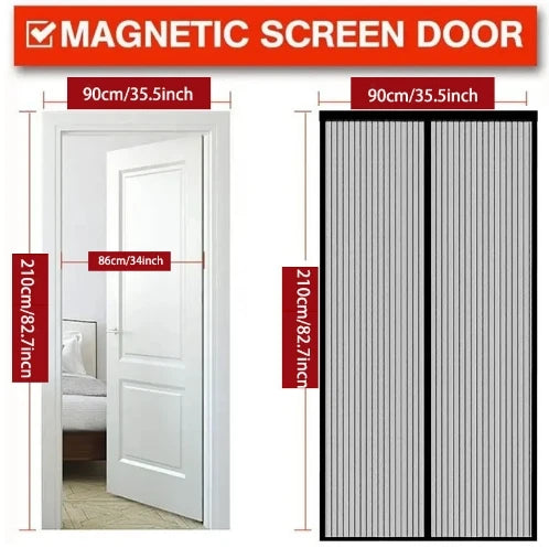 A pair of magnetic screen doors with self-sealing mesh, shown in white and gray slats.