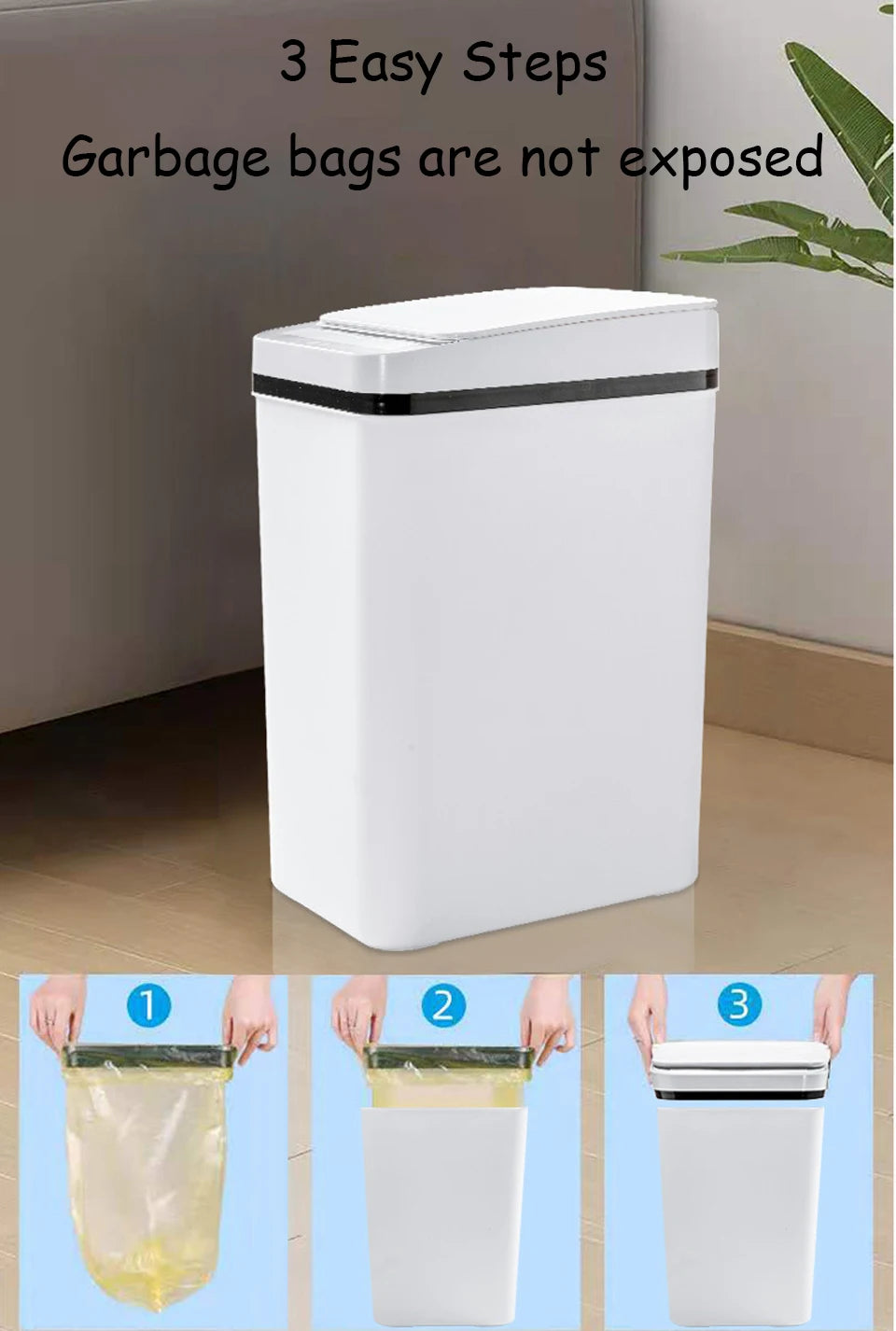 Three steps showing how to dispose of garbage bags into a touchless trash can with an airtight lid