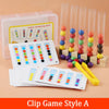 A set of clip game style A wooden bead sorting game featuring test tubes and colored beads.