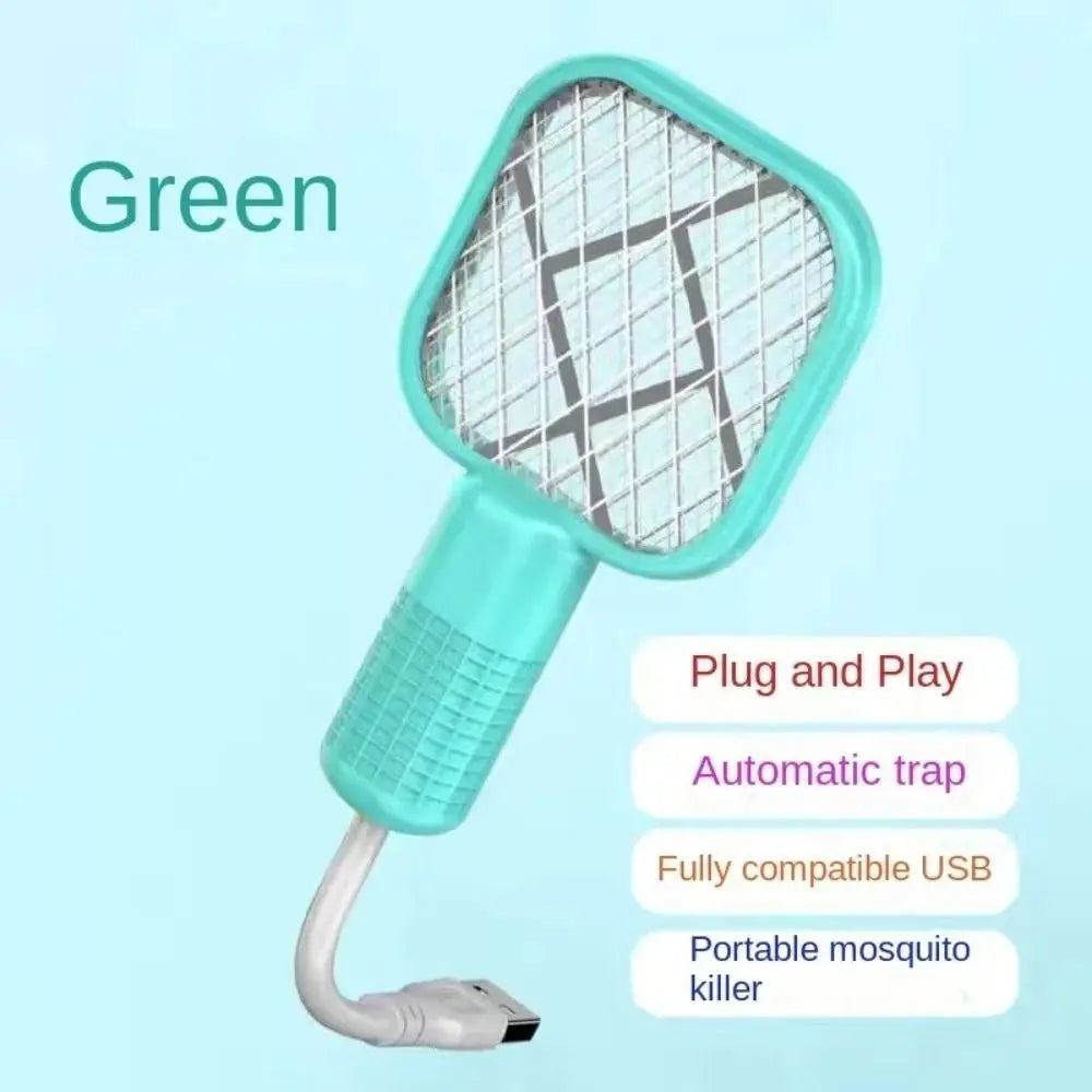 A green electric mosquito swatter with a mesh head and a plug for killing mosquitoes.