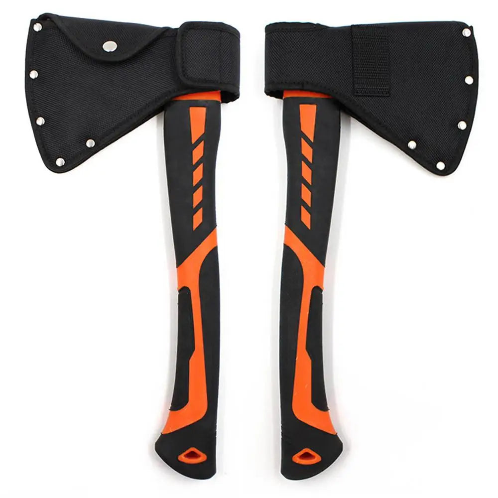 Black nylon axe blade cover with an orange grip and belt loop.