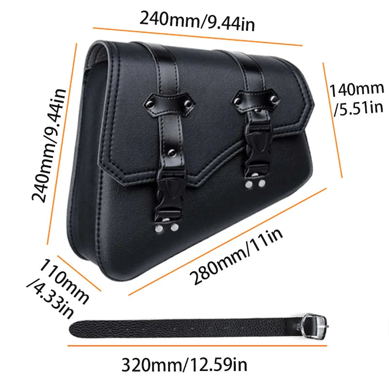 Black PU leather motorcycle side saddlebags with adjustable straps and storage pouch.